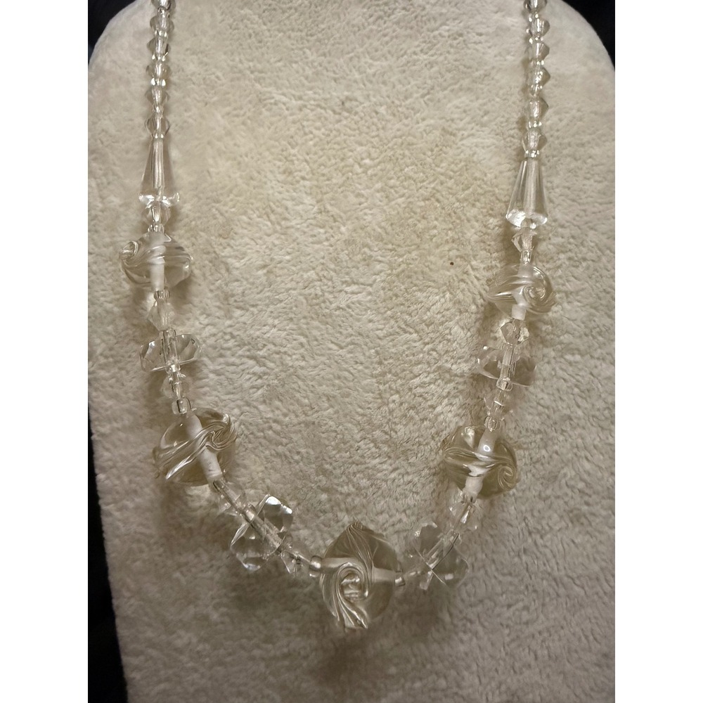 Vintage Clear Art Glass Beaded Necklace Swirl Faceted Beads Filigree Clasp